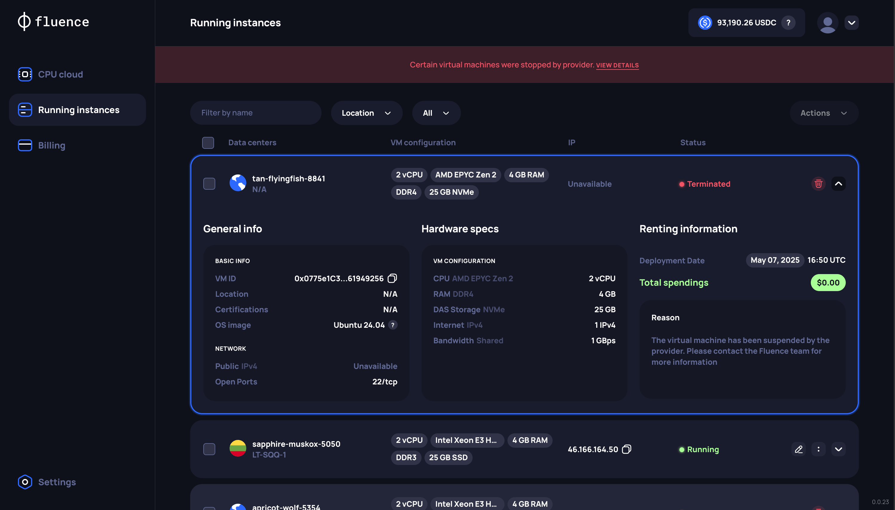 Running Instances page with a banner notification and a terminated instance